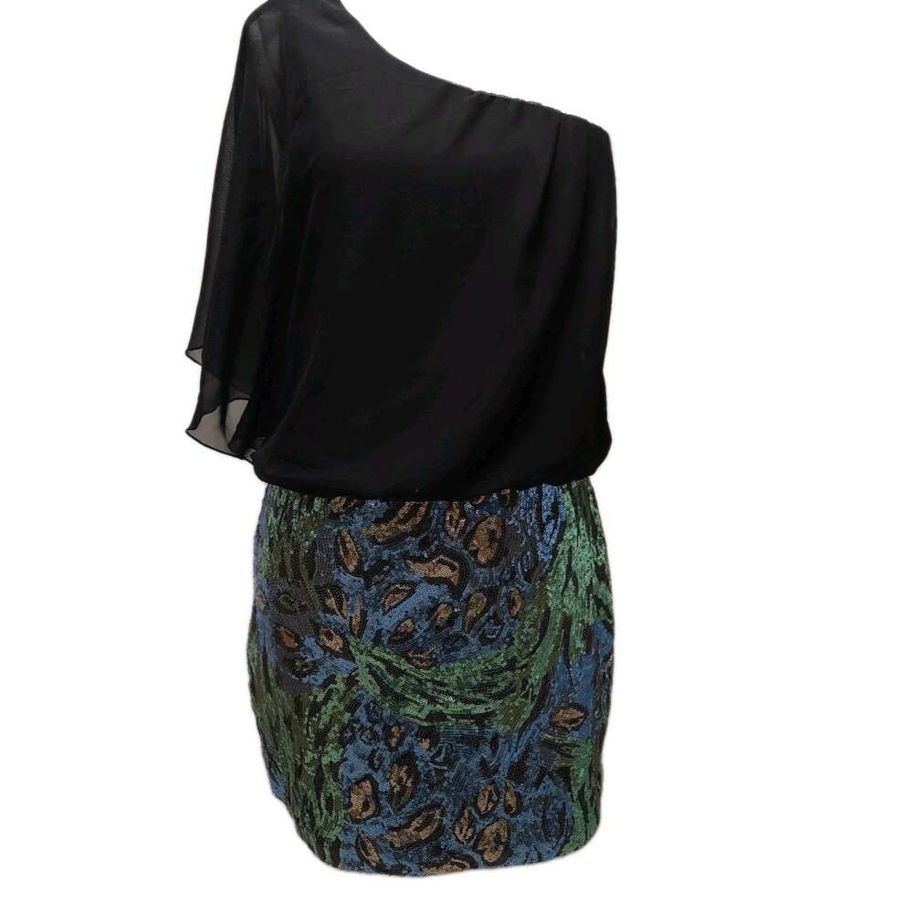 As U Wish Women's M Black One Shoulder Top w Blue and Gold Sequin Skirt Dress
